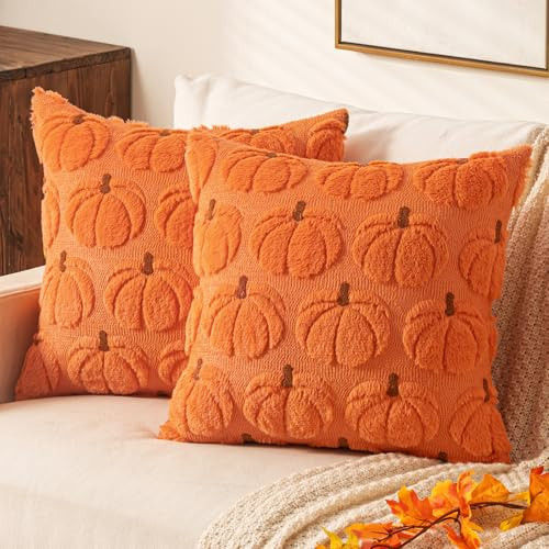 EMEMA Fall Embroidered Pumpkin Throw Pillow Covers 18x18 Set of 2, Autumn Decor Cushion Cases for Couch Sofa, Farmhouse Rustic Style, Plush Textured Wool with Brown Stem Embroidery Orange Brown Stem | Amazon (US)