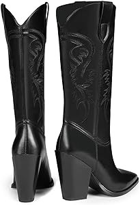 ISNOM Cowgirl Boots for Women, Embroidered Pointed Toe Chunky Heel Western Boots | Amazon (US)