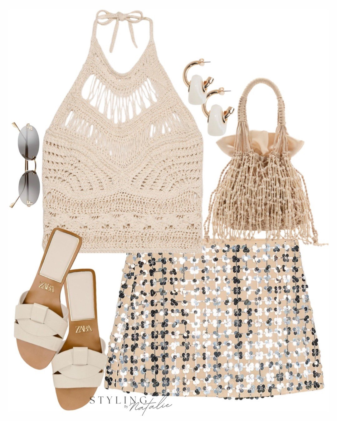 Summer sequins🪩
Macramé halter neck top, metallic sequin skirt, beaded handbag, zara sandals, pearl hoop earrings and Fendi sunglasses.  Earthy textures, effortless boho elegance, party look, beach boho chic, beach club, vacation outfit, festival.

#LTKsummer #LTKpartywear #LTKfestival