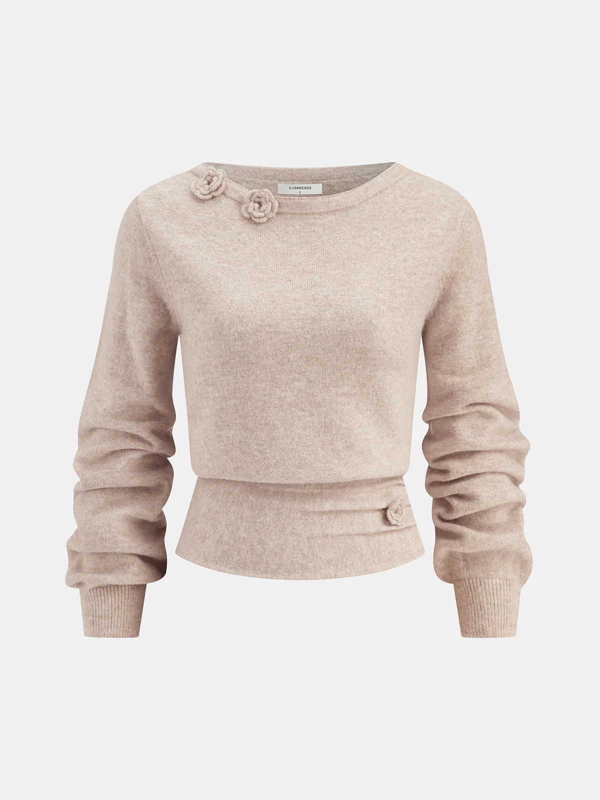 3D Floral Embellished Cinched-Waist Knit Top | Commense