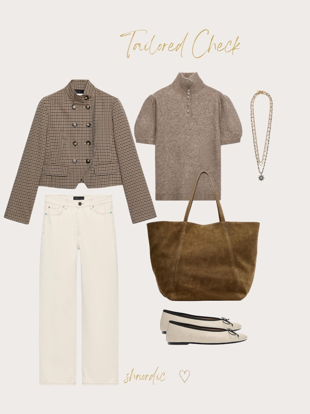 Zara tailored autumn outfit. The cropped check blazer in camel looks smart with high-waist ecru jeans and flat bow ballet flats. A moss green split suede maxi tote finishes it off. It's a smart casual blazer outfit idea for work and weekends. Shop all the Zara autumn pieces below.