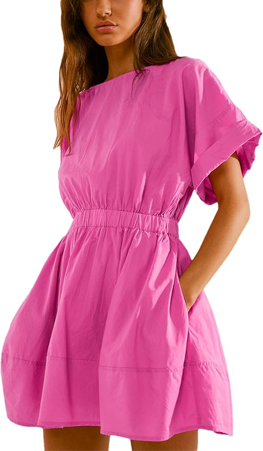 HangNiFang Womens Mini Summer Dresses Flowy Open Back Elastic Waist Sundress with Pockets | Amazon (US)