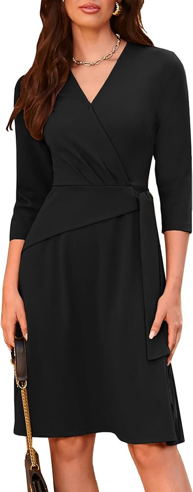 GRACE KARIN Women's Autumn Dresses 3/4 Sleeve V-Neck Work Office Dress with Tie | Amazon (UK)