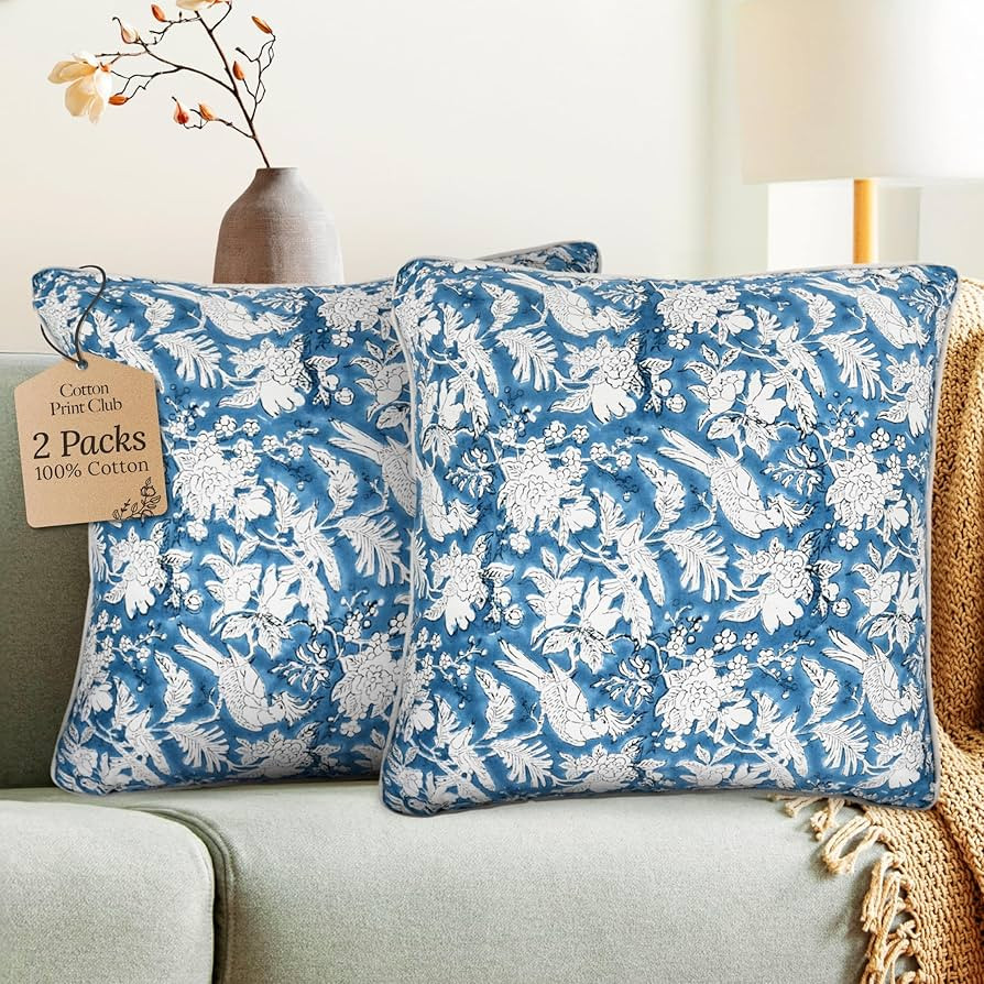 CPC 100% Cotton Throw Pillow Covers 18x18 Inch, Set of 2 Blue Block Print Pattern Couch Pillow, C... | Amazon (US)