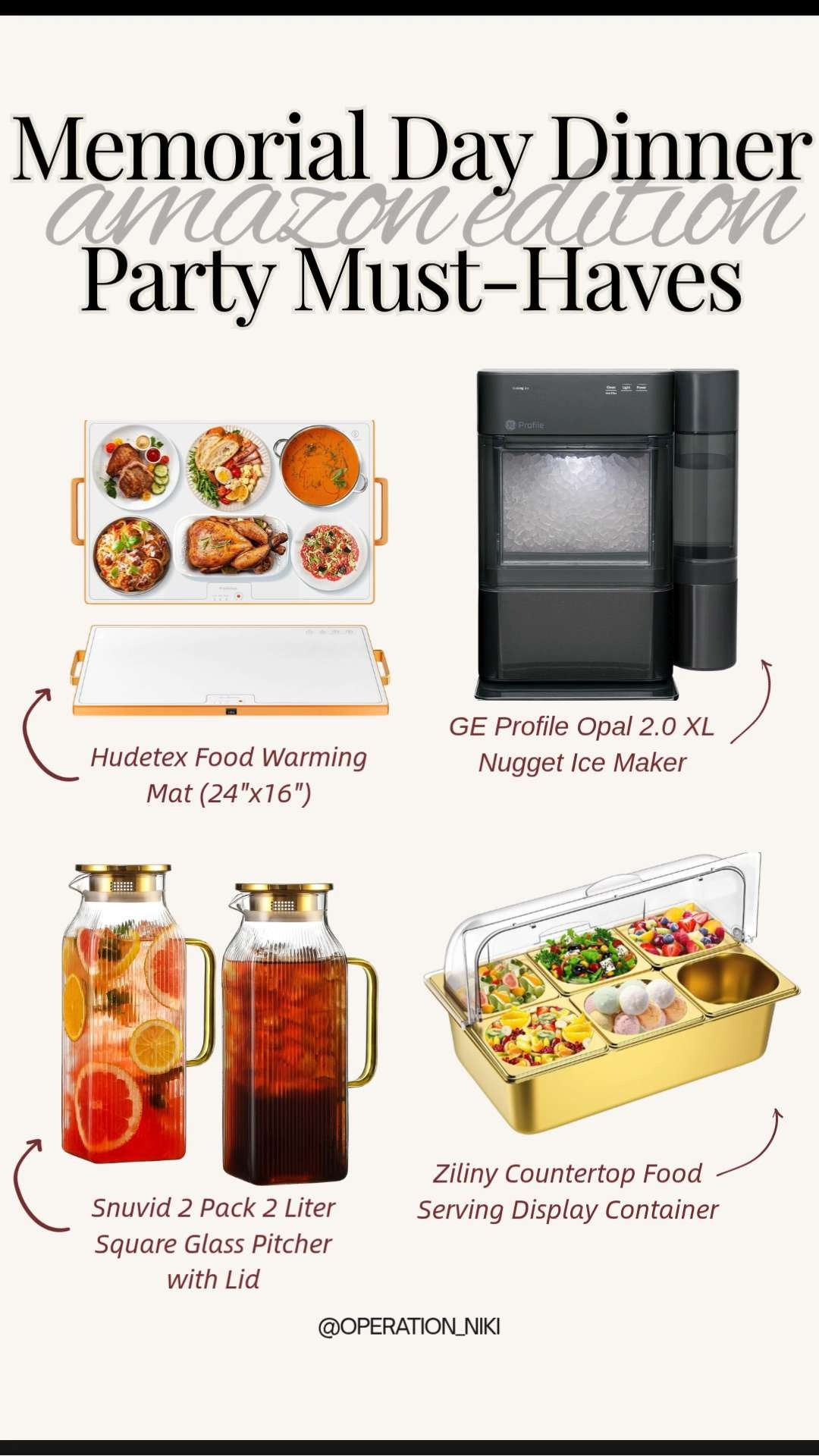 Get your home completely ready for holiday hosting with these Amazon dinner party favorites. 🏠 These pieces are key for keeping food fresh, drinks cold, and your serving station perfectly organized.

Streamline your buffet setup with the Hudetex Food Warming Mat to keep entrees warm, and the Ziliny Countertop Serving Container to display chilled fruits or sides. 🍓 For your beverage station, keep drinks flowing with the Snuvid Square Glass Pitchers and the GE Profile Opal 2.0 XL Nugget Ice Maker for that perfect crunchy ice. 🍹

These functional tools make holiday entertaining a breeze while fitting seamlessly into a modern setup. ✨

Follow for more @OPERATION_NIKI on IG, TikTok, & Facebook

#AmazonFinds #DinnerParty #MemorialDayHosting #OperationNiki #OrganizedHome #EntertainingEssentials #AmazonHome #KitchenUpgrade #IceMaker #HolidayHosting #ServingStaples

#LTKfoodie #LTKPetite