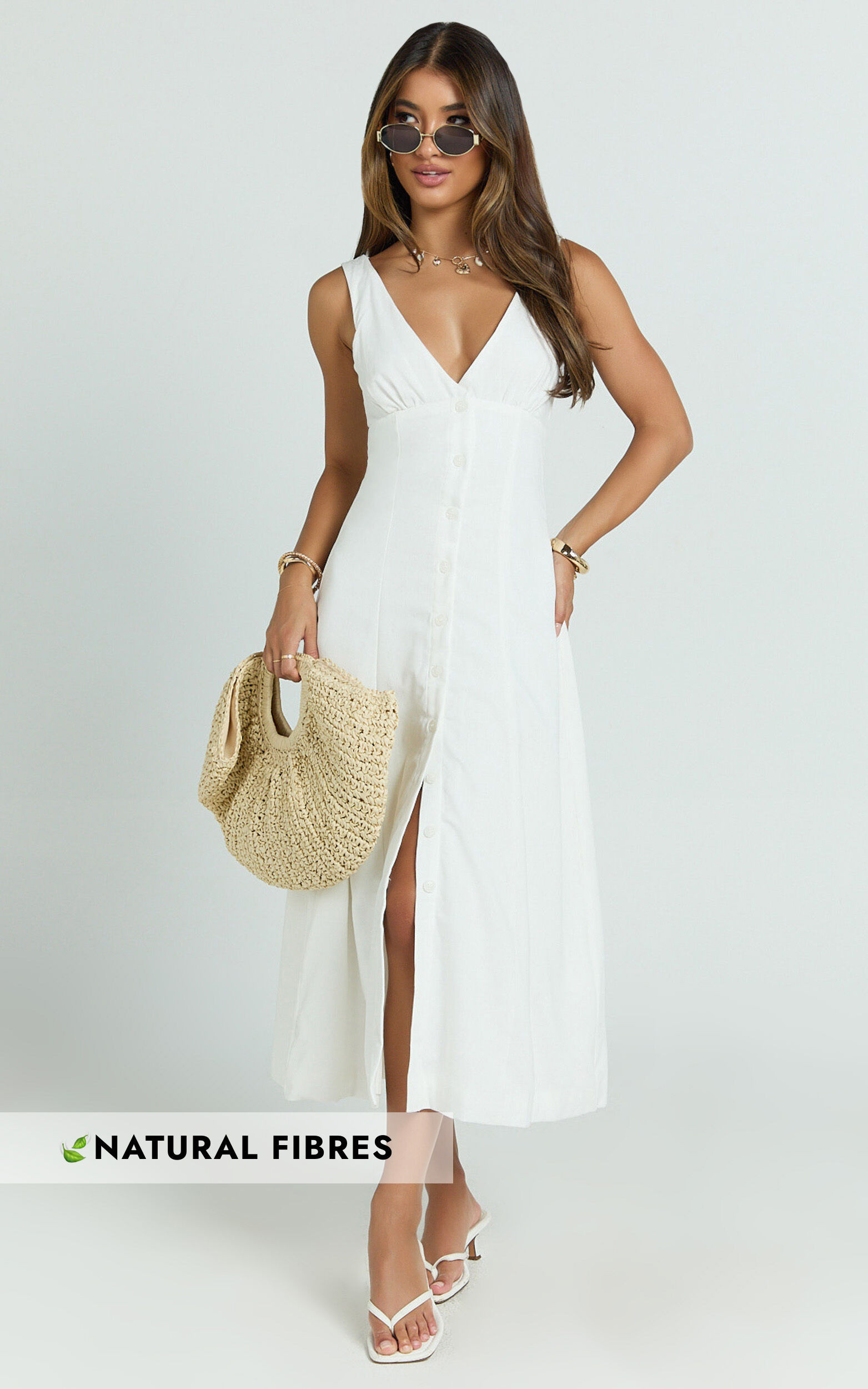 Zula Midi Dress - V Neck Sleeveless Under Bust Seam Circular Skirt Dress in White | Showpo (US, UK & Europe)