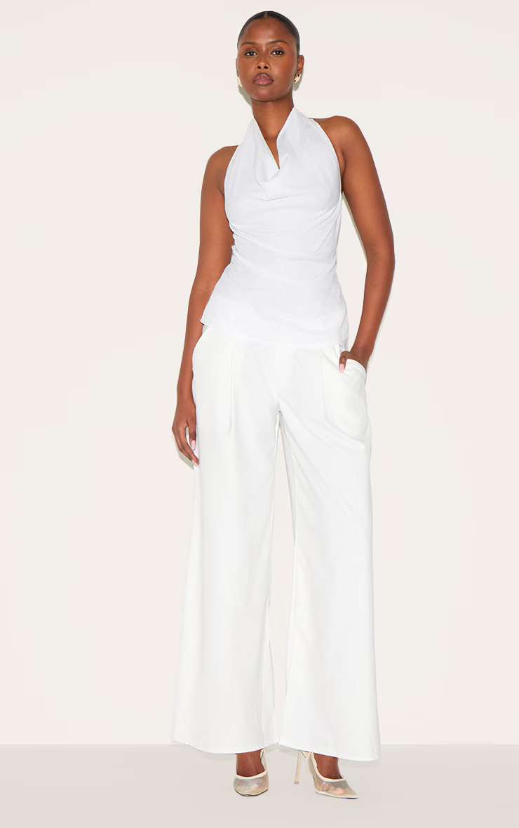 White Linen Blend Cowl Neck Backless Long Top | PrettyLittleThing US