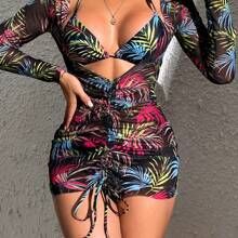 Tropical Print Halter Triangle Bikini Swimsuit With Cover Up | SHEIN