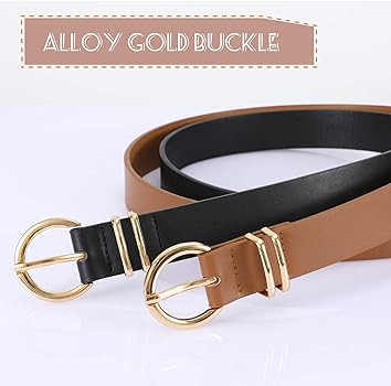 2 Pack Women's Leather Belts for Jeans Dresses Fashion Gold Buckle Ladies Belt | Amazon (US)