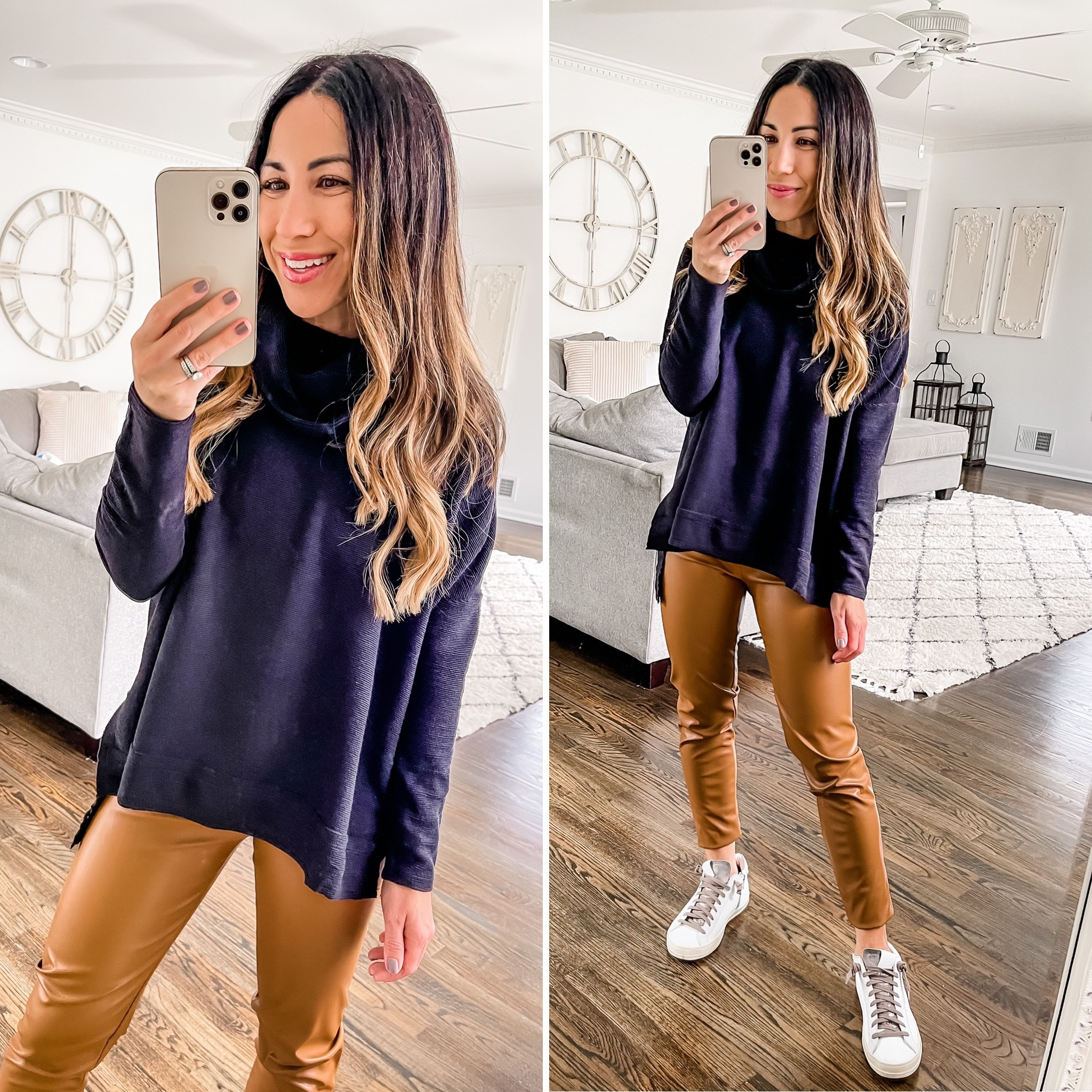 Gibson look, tunic, cowl neck, tunics, faux leather leggings, vegan leather, faux leather pants 

Xs in all 

#LTKunder100 #LTKsalealert