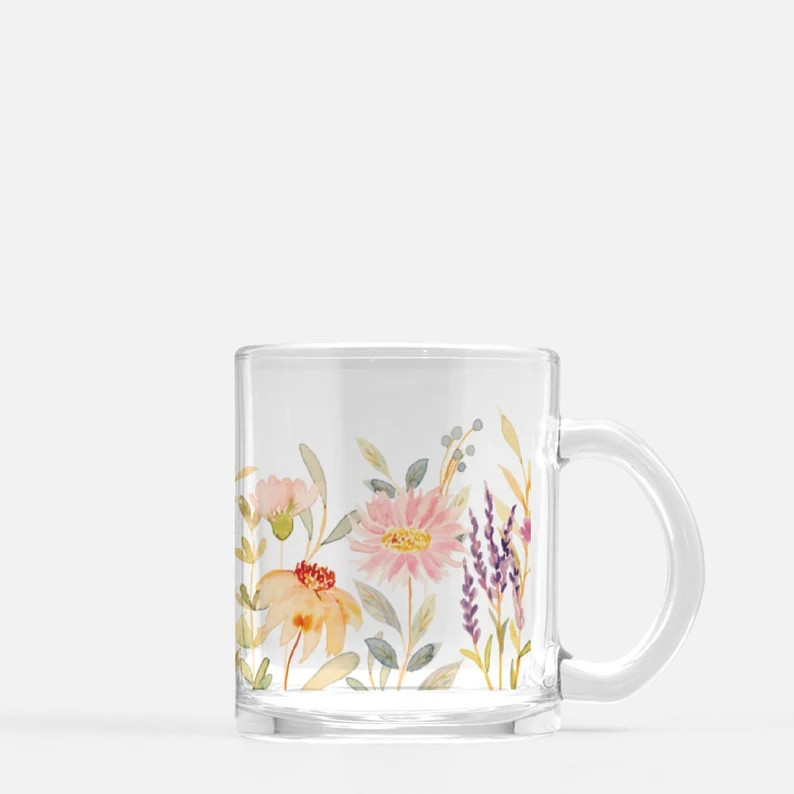 Floral Glass Mug, Floral Glass Mug with Handle, Coffee Cup for Her, Floral Tea Cup, Gift for Frie... | Etsy (US)