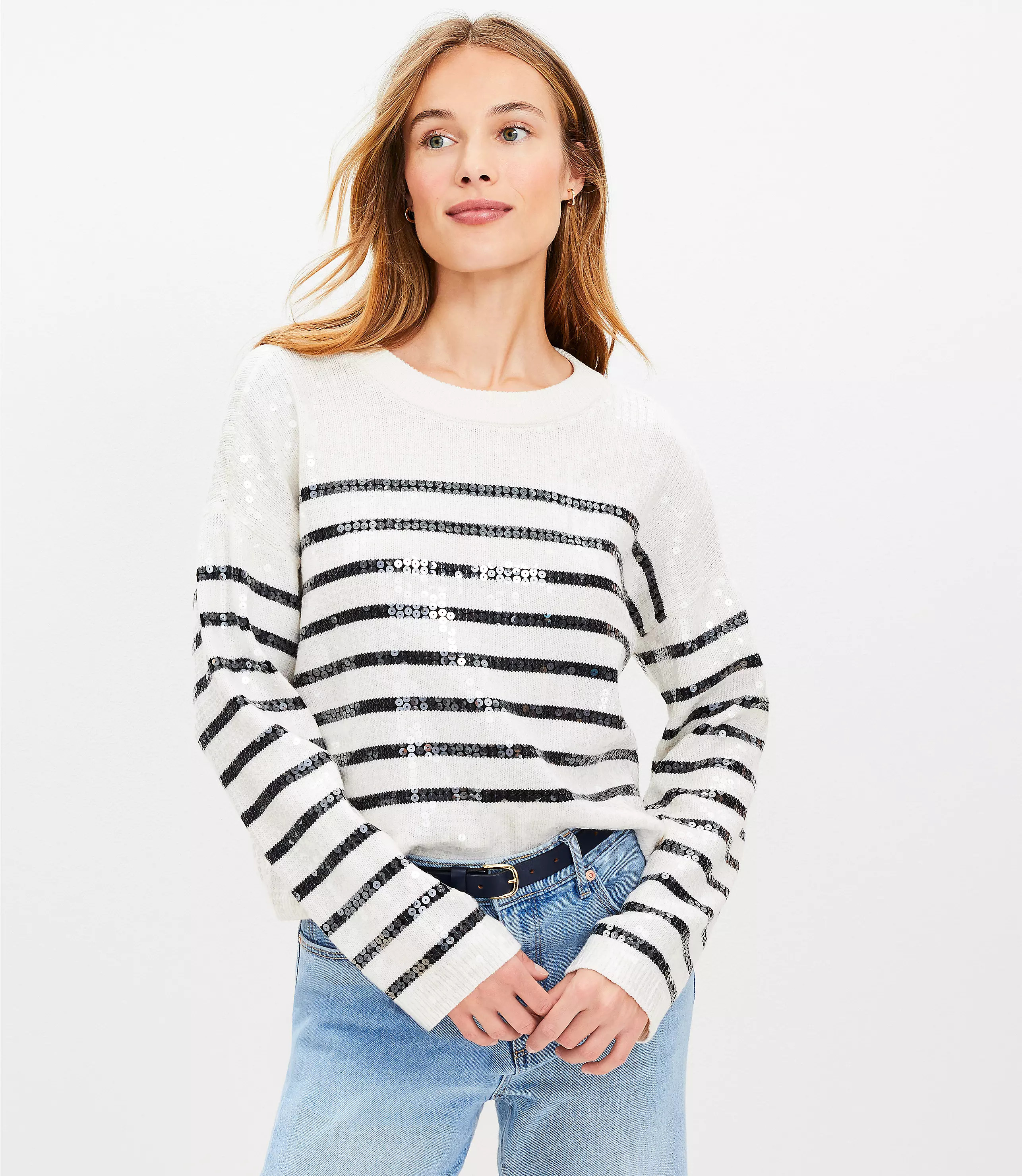 Striped Sequin Mock Neck Sweater | LOFT