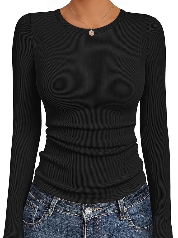 Ekouaer Womens Long Sleeve Shirts Crew Neck Stretchy Fitted Ribbed Tops Basic Base Layer Soft The... | Amazon (US)