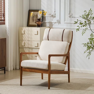 Mid Century Modern Accent Armchair with Solid Wood Frame and High Back, Beige Upholstery, for Reading Nook | Target