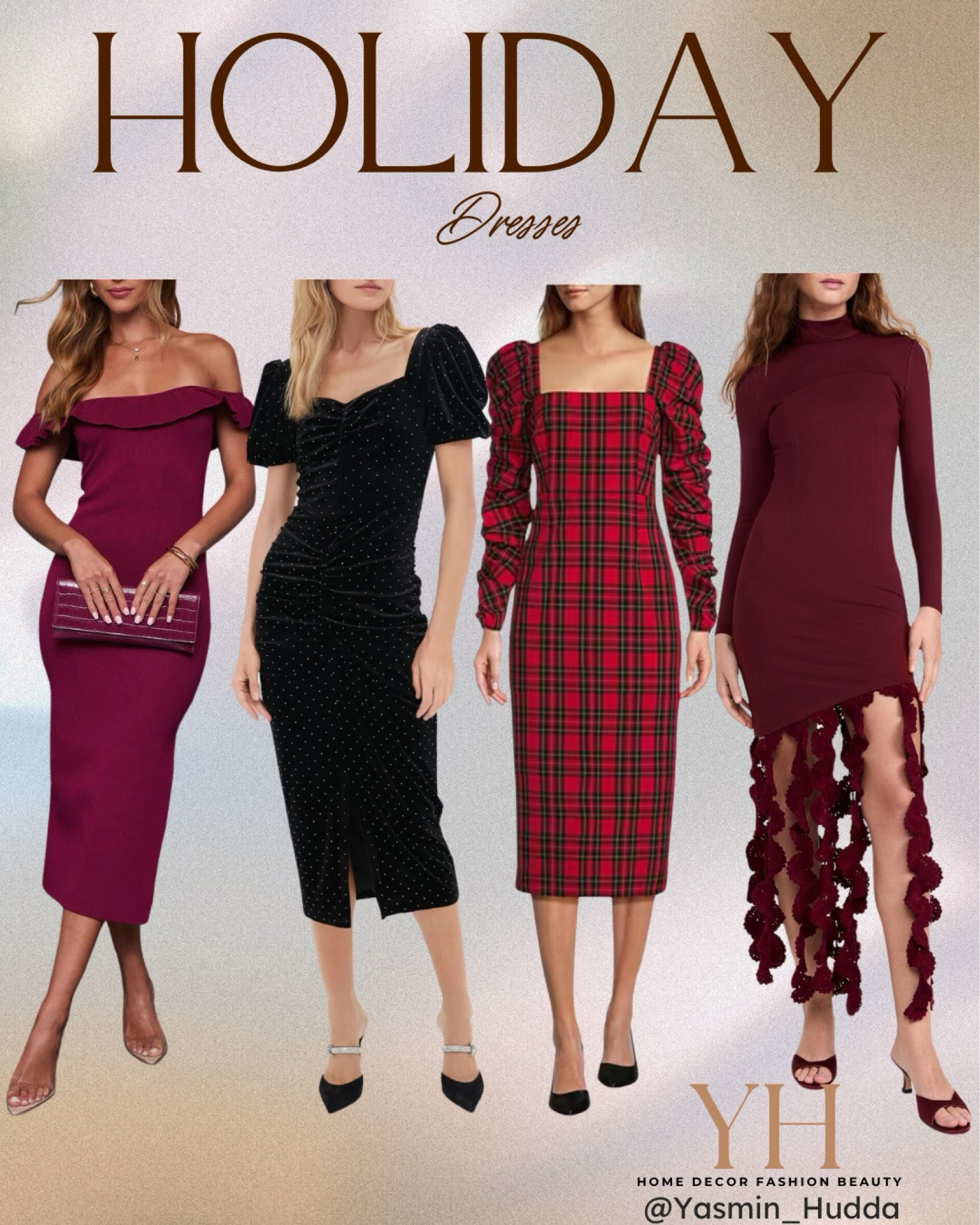 Holiday party outfits. Christmas party outfit. Off shoulder dress. Burgundy dresses. Puff sleeve party dress. Midi dress. Plaid holiday dress.
Christmas and holiday dresses

#LTKSeasonal #LTKParties #LTKHoliday