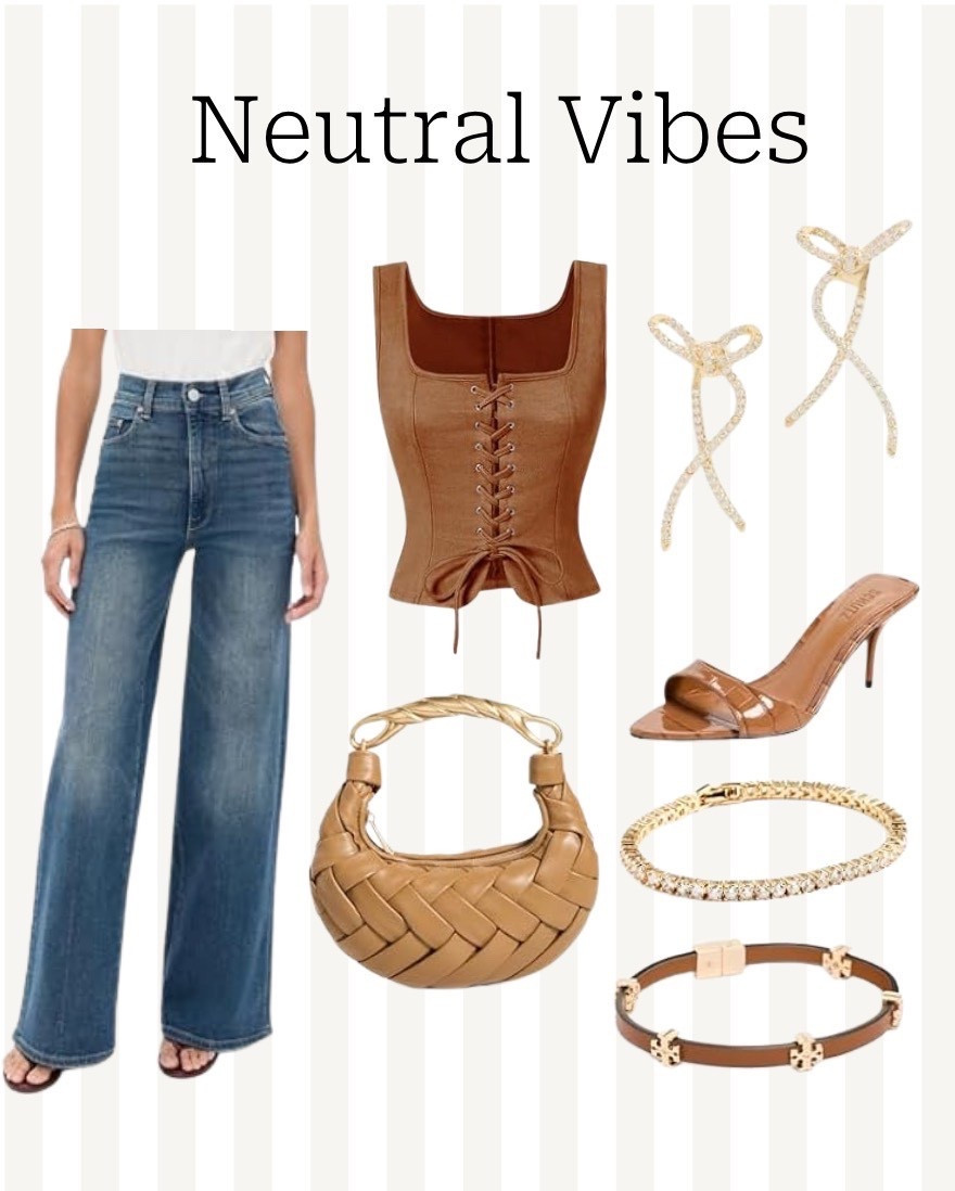 Amazon finds I’m loving:
• Wide‑leg jeans that are flattering and easy to style
• Brown corset top that defines the waist beautifully
• Neutral woven shoulder bag for texture
• Strappy heels that instantly elevate the look
• Gold bow earrings and bracelets for a feminine finish

These are the kind of neutral staples you can mix and match all season long for dinner, date night, or a polished everyday outfit.

Everything is linked in my LTK under “Amazon Finds.” ✨

#LTKootd #LTKPetite #LTKOver40