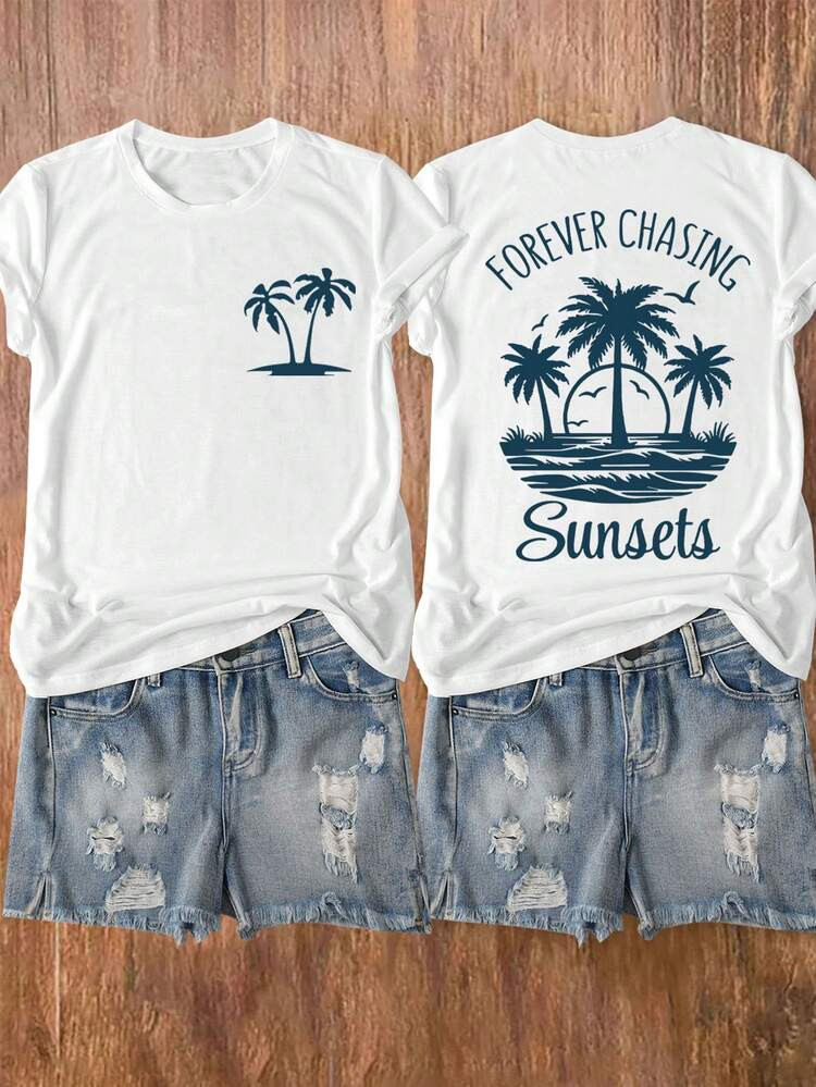 Sunsets Beach Palm Tree And Letter Print Short Sleeve Round Neck T-Shirt, Suitable For Casual, Ou... | SHEIN