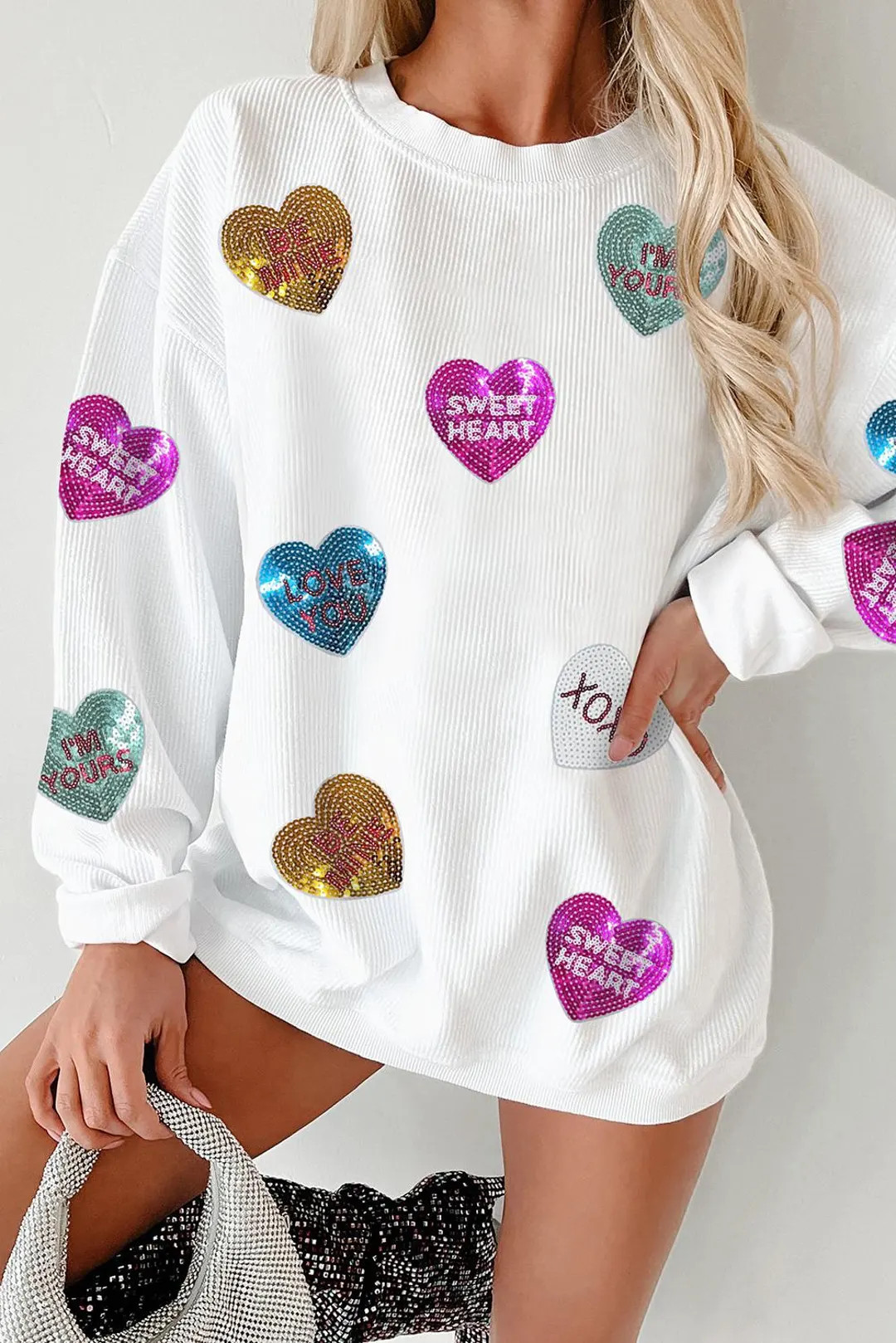 White Valentines Slogan Heart Sequin Corded Baggy Sweatshirt - Etsy | Etsy (US)