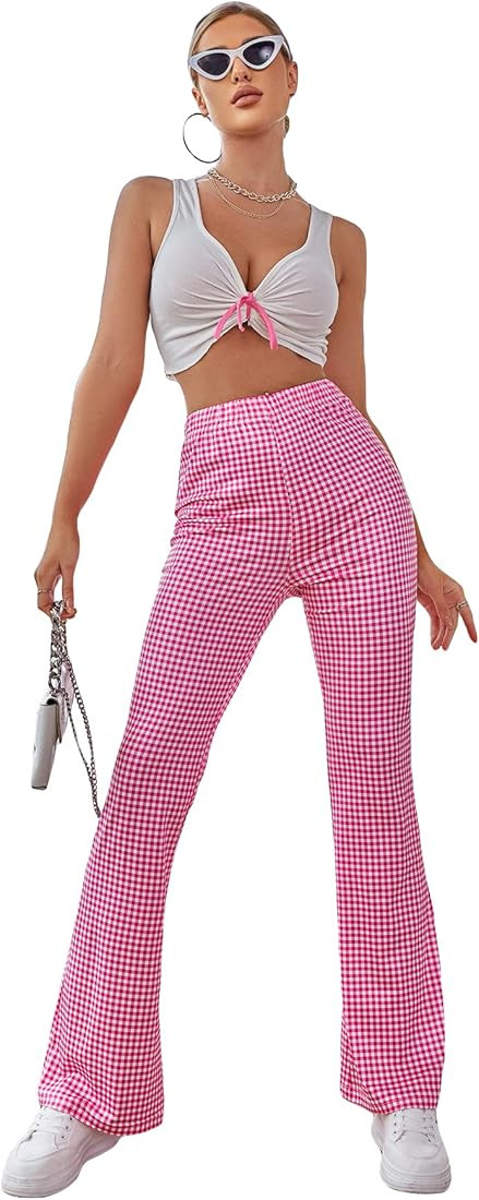 WDIRARA Women's Plaid High Waisted Flare Leg Gingham Pants Vintage Preppy Pants | Amazon (US)