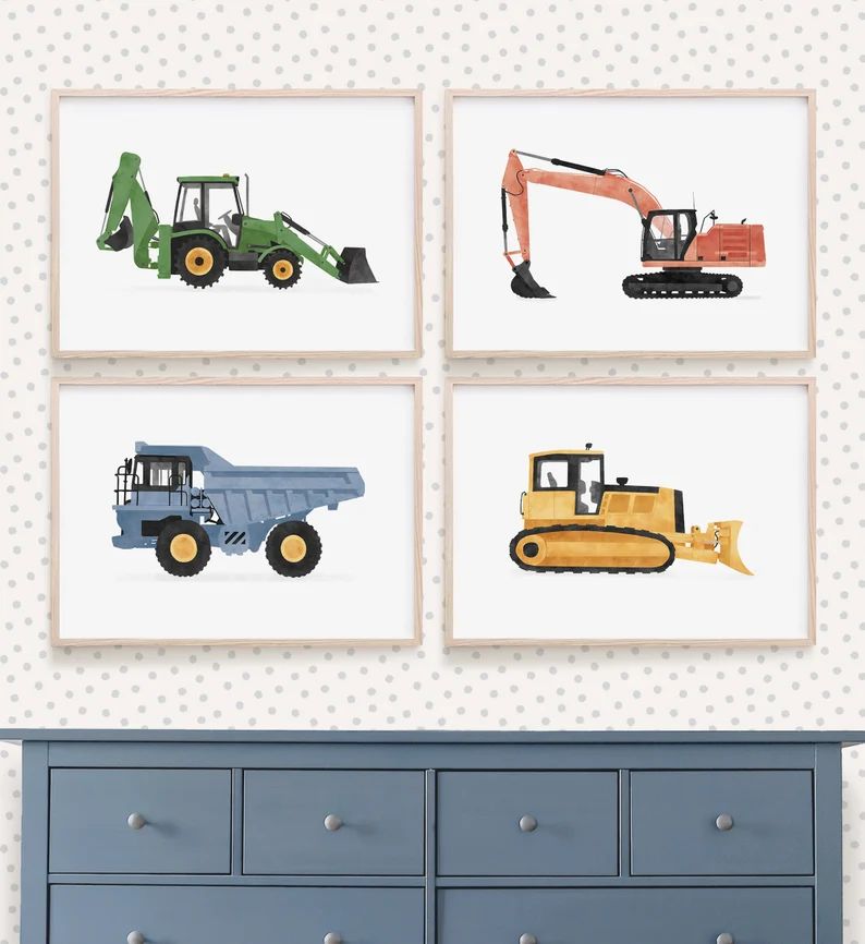 Construction Vehicles Set of 4 Prints, Boy Nursery Decor, PRINTABLE Wall Art, Construction Decor,... | Etsy (US)