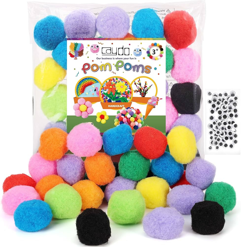 Caydo [130pcs] 30pcs 2 Inch Large Pom Poms with 100pcs Wiggly Eyes, Multicolor Pompoms for Arts a... | Amazon (US)