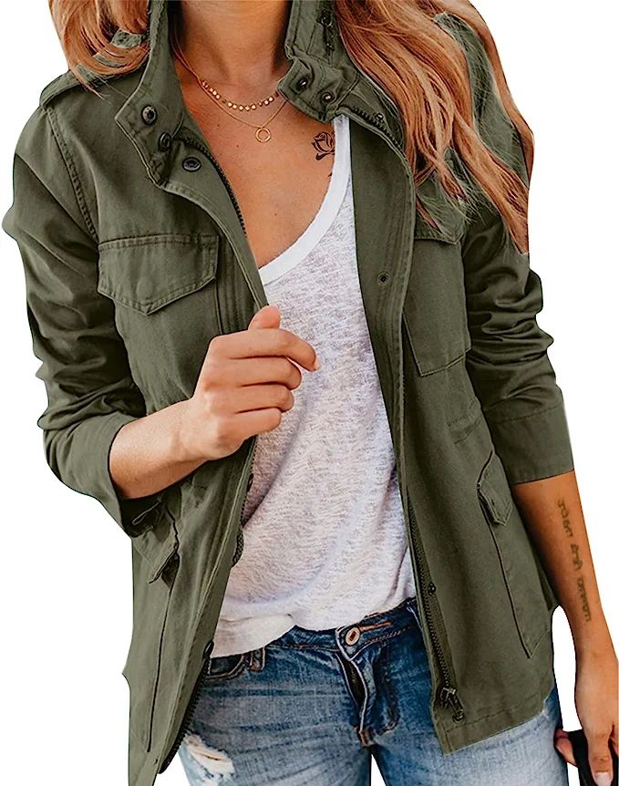Womens Military Jacket Zip Up Snap Buttons Lightweight Utility Anorak Field Safari Coat Outwear... | Amazon (US)