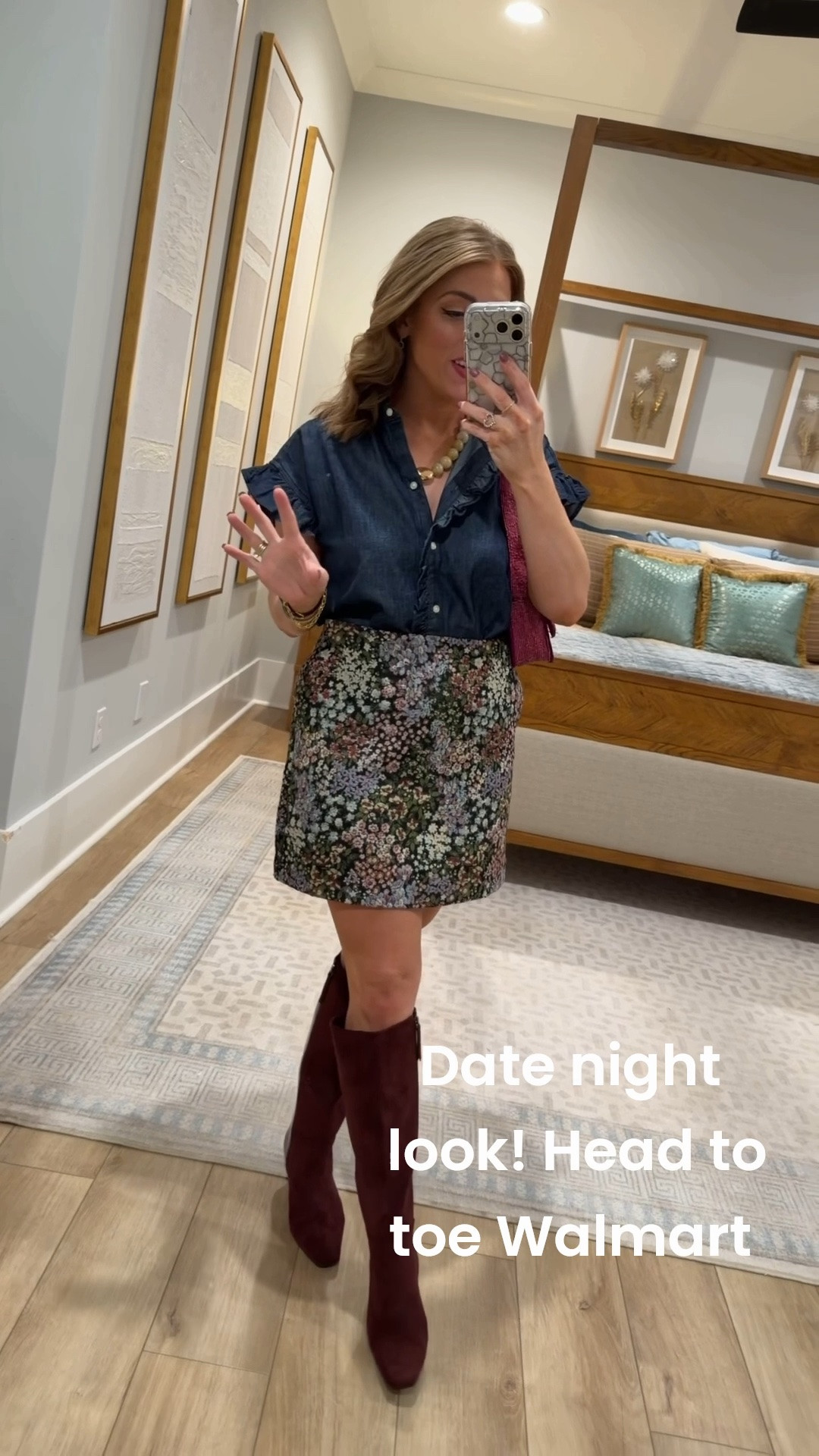 Tonight’s date night look, head-to-toe Walmart 🤎✨ This entire outfit is proof that Walmart fashion is SO good right now! The flutter sleeve denim top paired with this floral mini skirt and rich burgundy knee-high boots makes the cutest date night outfit. I love the mix of denim, florals, and deep fall tones—it looks so elevated while still being affordable. Definitely one of those Walmart outfits that looks way more expensive than it is!

#WalmartFashion #WalmartFinds #WalmartStyle #WalmartOutfit #WalmartFashionFinds #DateNightOutfit #DateNightLook #FallOutfitIdeas #FallFashion #AffordableFashion #AffordableStyle #WalmartNewArrivals #FallDateNightOutfit #DenimTop #FloralSkirt #BurgundyBoots #OOTN #OutfitInspo

#LTKgrwm #LTKxWalmart #LTKPetite