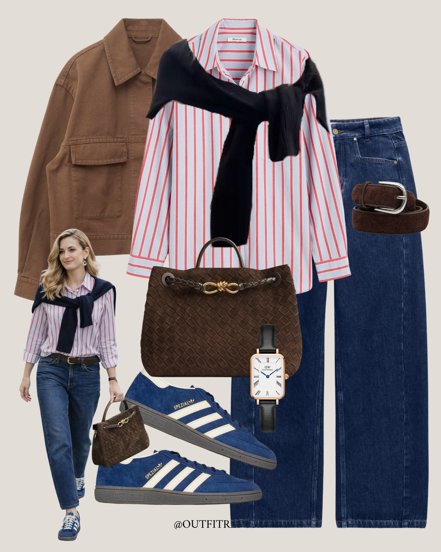 Spring navy outfit in jeans striped shirt brown jacket and blue navy adidas sneakers   

#LTKeurope #LTKspring #LTKjeans