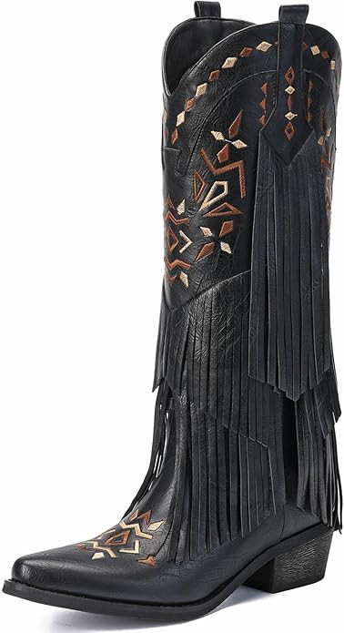 Cowboy Boots for Women - Fringe Knee High Cowgirl Boots with Classic Embroidery, Pointed Toe Pull... | Amazon (US)