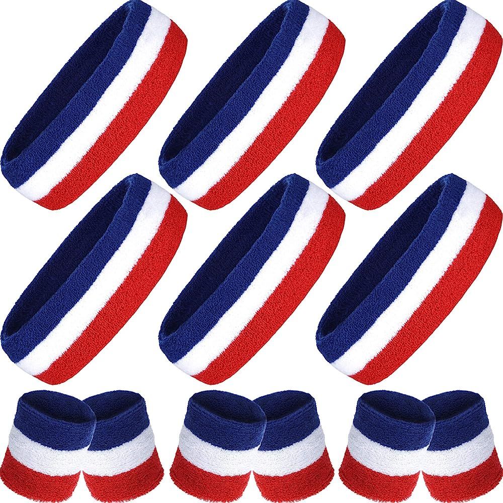12 Pieces Striped Sweatbands Set, 6 Pieces Striped Wrist Sweatbands 6 Pack Stripe Headbands Cotto... | Amazon (US)