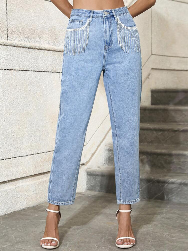 SHEIN Unity High Waist Rhinestone Fringe Trim Mom Fit Jeans | SHEIN