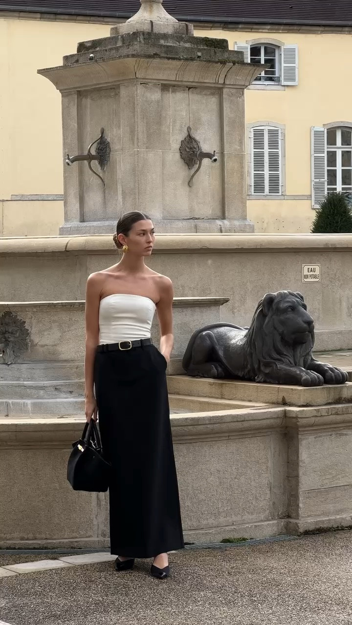 Black and white outfit, tailored maxi skirt, white strapless top, De Mellier bag, black bag, smart casual styling 

#LTKSeasonal #LTKeurope #LTKstyletip