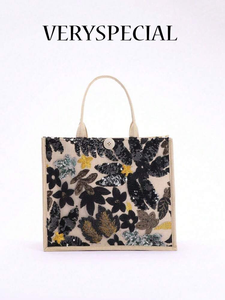 1pc Colorful Sequin Mesh Patchwork Linen Tote Bag, Fashion Floral & Leaf Embroidery Design, Large... | SHEIN