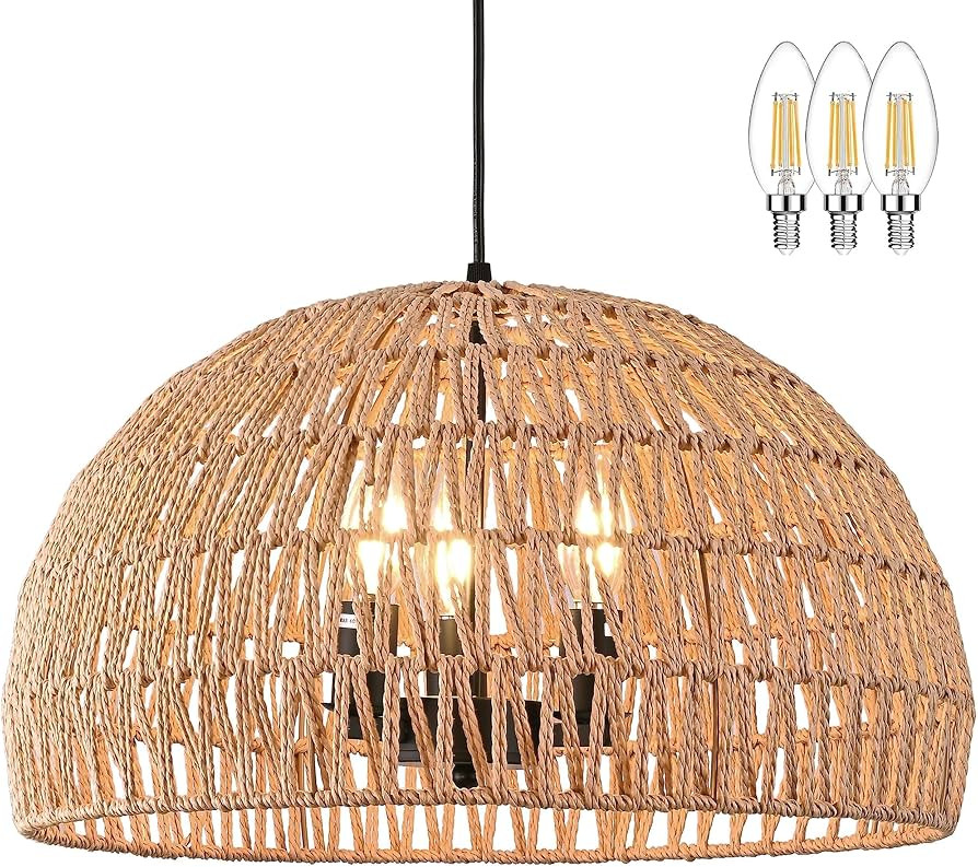 17.6 inch Hemp Rope Woven Pendant Light Wicker Pendant Light 3-light Rattan Light Fixture Boho Ch... | Amazon (US)