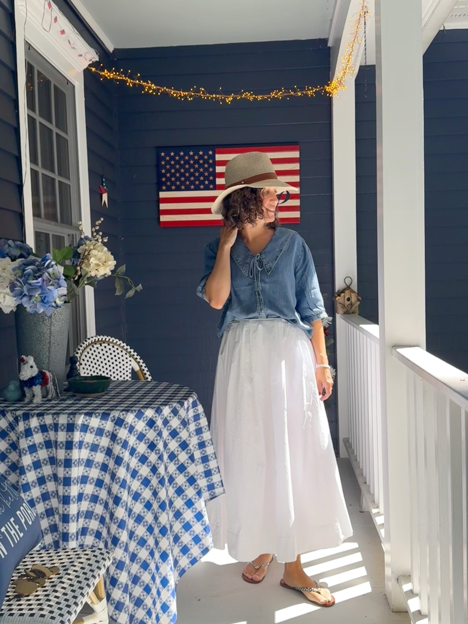 Late summer early autumn outfit. I’ll be sharing a few ways to wear a cute denim top for fall. My top is from TJ Maxx. Look #1 here, with a white maxi skirt (from Bloomingdales) and Tory Burch flip flops. Hat is older from Nordstrom.

#LTKootd #LTKSeasonal #LTKOver40