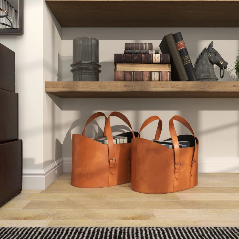 Leather Handmade Box Style Single Slot Magazine Holder with Detail Stitching and Curved Handles | Wayfair North America