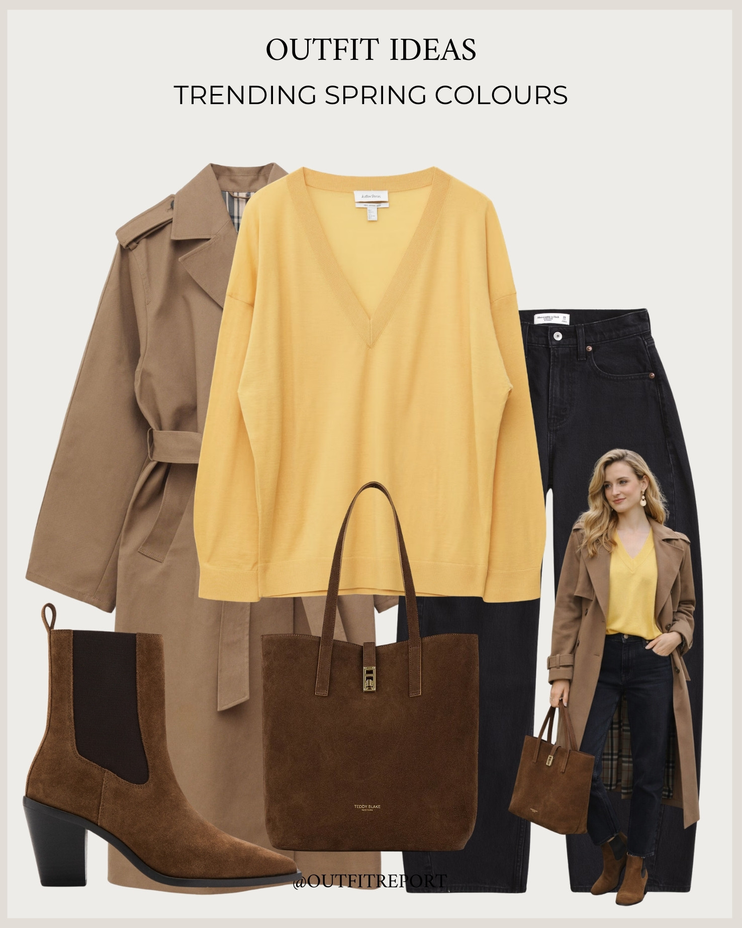 Spring outfit trending butter yellow sweater knit black jeans brown booties and trench coat 

#LTKjeans #LTKspring #LTKstyletip