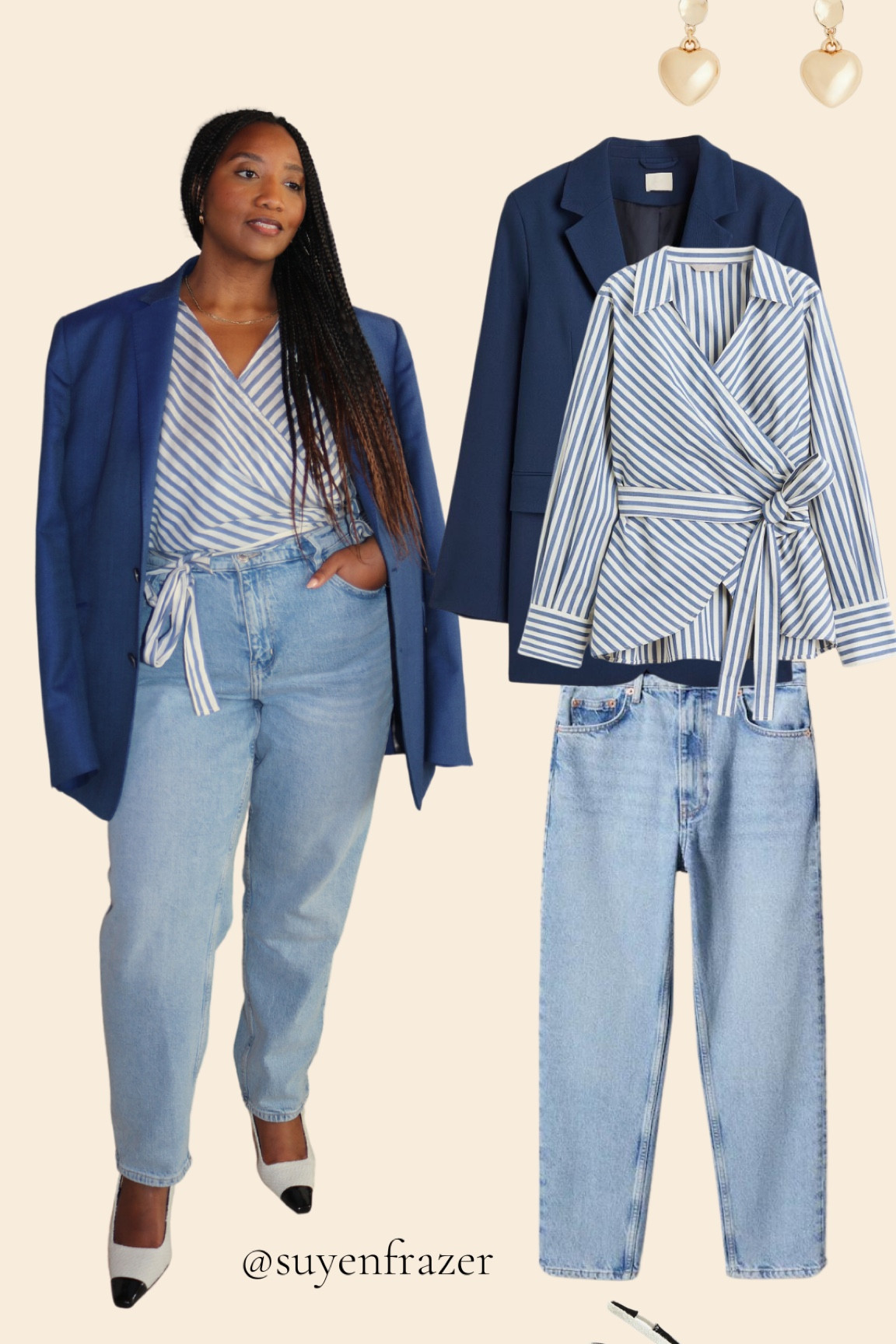 Date night , mom jeans, wrap top, blue blazer, chanel dupe heels 

#LTKstyletip #LTKunder50 #LTKitbag