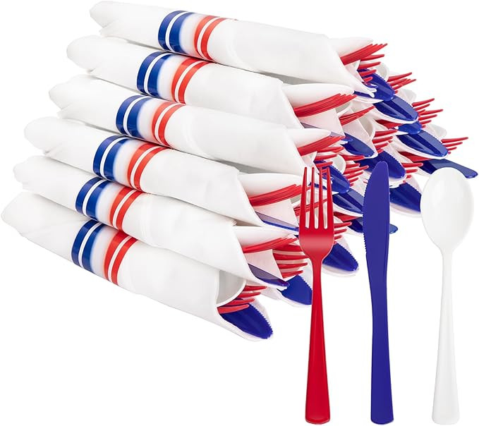 400PCS 4th of July Pre Rolled Silverware and Napkin-Disposable Utensils-Wrapped Plastic Patriotic... | Amazon (US)