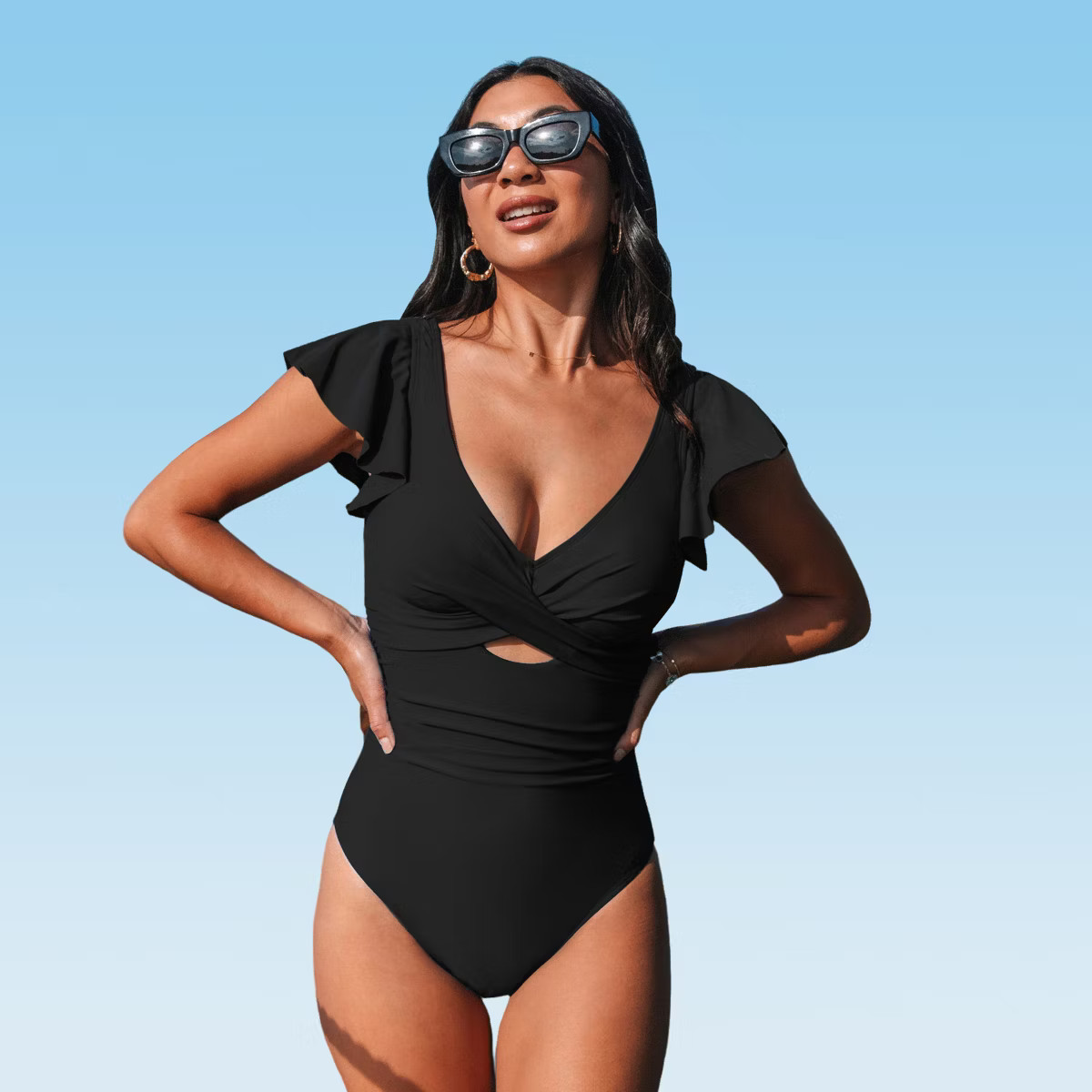 Women's Tummy Control V Neck Ruffled Sleeve Ruched Cutout One Piece Swimsuit (XS-XXL) -Cupshe | Target
