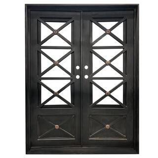 73.5 in. x 81 in. 2-Panel Right-Hand/Inswing Full Lite Clear Glass Matte Black Finished Iron Preh... | The Home Depot