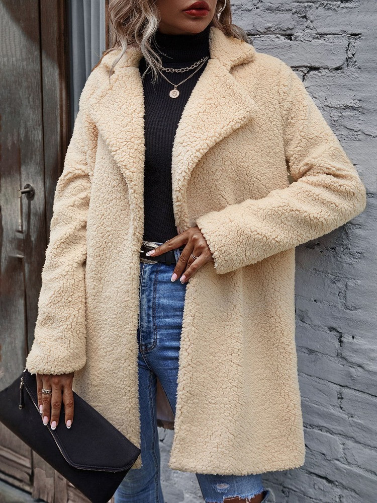 Lapel Neck Open Front Teddy Coat | SHEIN
