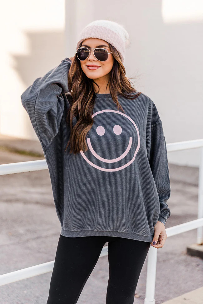 Pink Smiley Face Charcoal Corded Graphic Sweatshirt | The Pink Lily Boutique