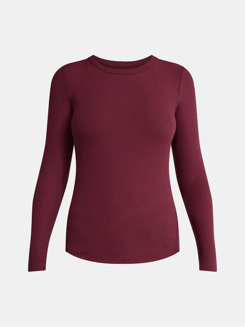 No Boundaries Crew Ribbed Tee with Long Sleeves, Women's | Walmart (US)