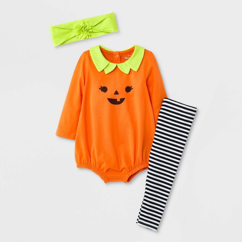 Baby Girls' 3pc 'Halloween Pumpkin' Top & Bottom Set with Headband - Cat & Jack™ Orange | Target