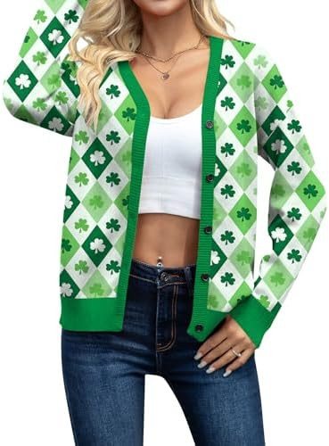 NEWWEN St Patricks Day Cardigan Sweaters for Women Lucky Shamrock Knit Sweater Button Down V Neck... | Amazon (US)