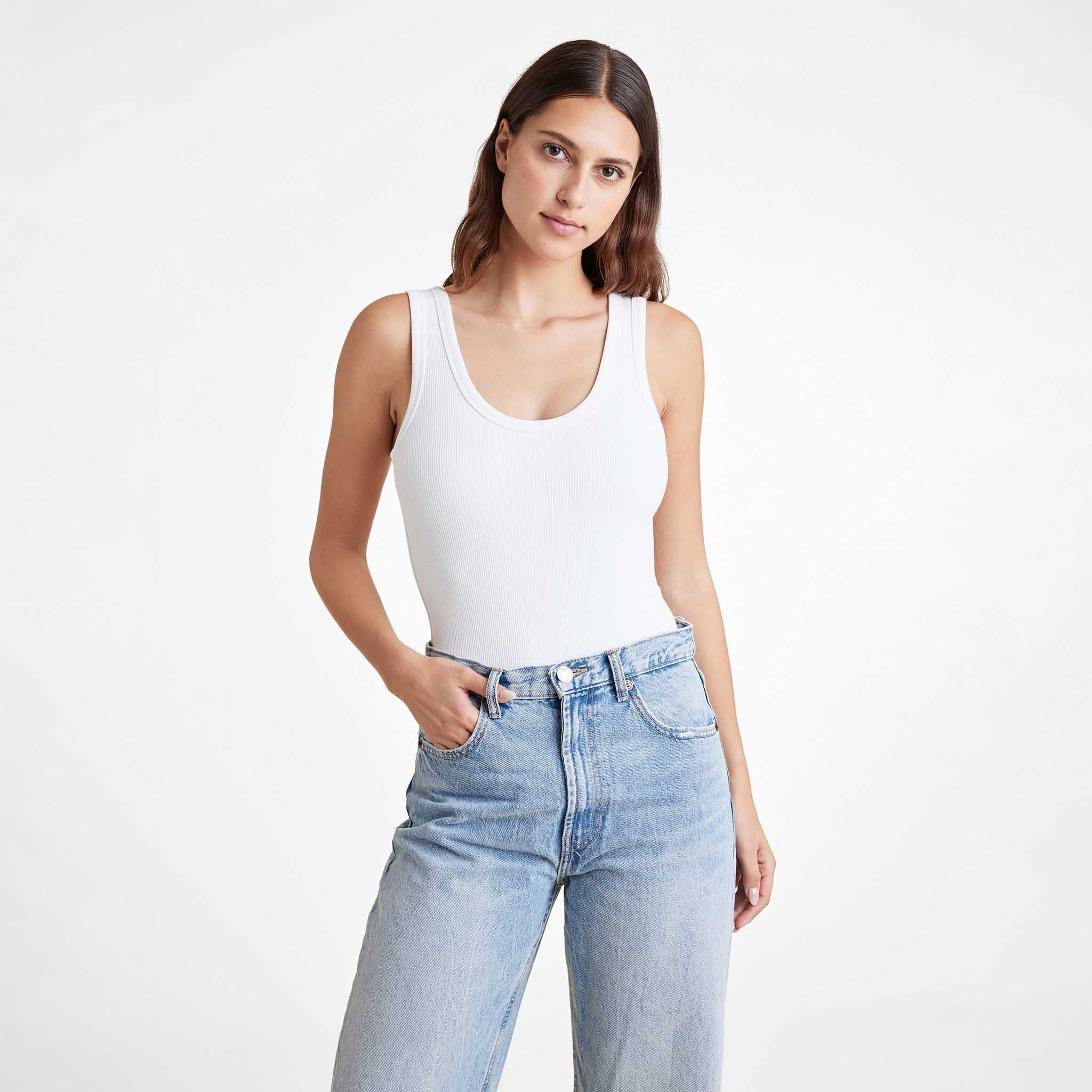 Ribbed Scoop Tank Bodysuit | White | Nuuds US