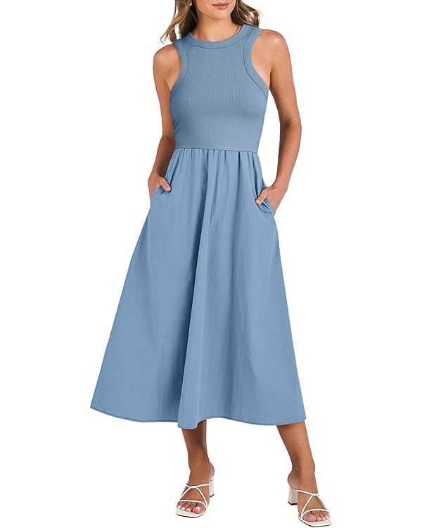 ANRABESS Womens 2025 Summer Casual Maxi Dress A line Tiered Flowy Short Sleeve Crewneck T Shirt B... | Amazon (US)