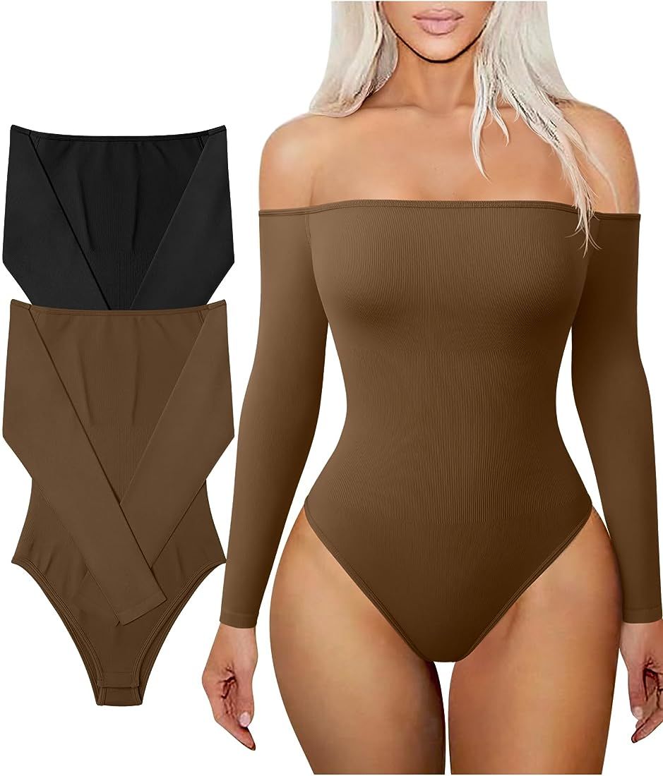 Women's 2 Piece Bodysuits Sexy Ribbed One Neck Long Sleeve Tops Yoga Bodysuits | Amazon (US)