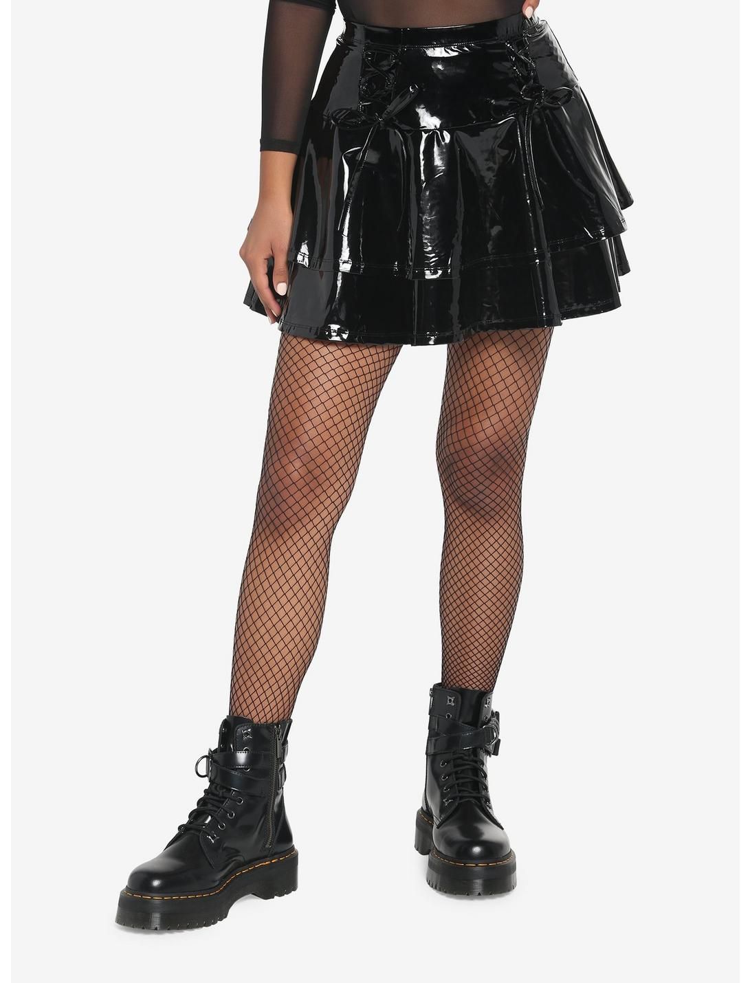 Black Faux Leather Lace-Up Tiered Skirt | Hot Topic